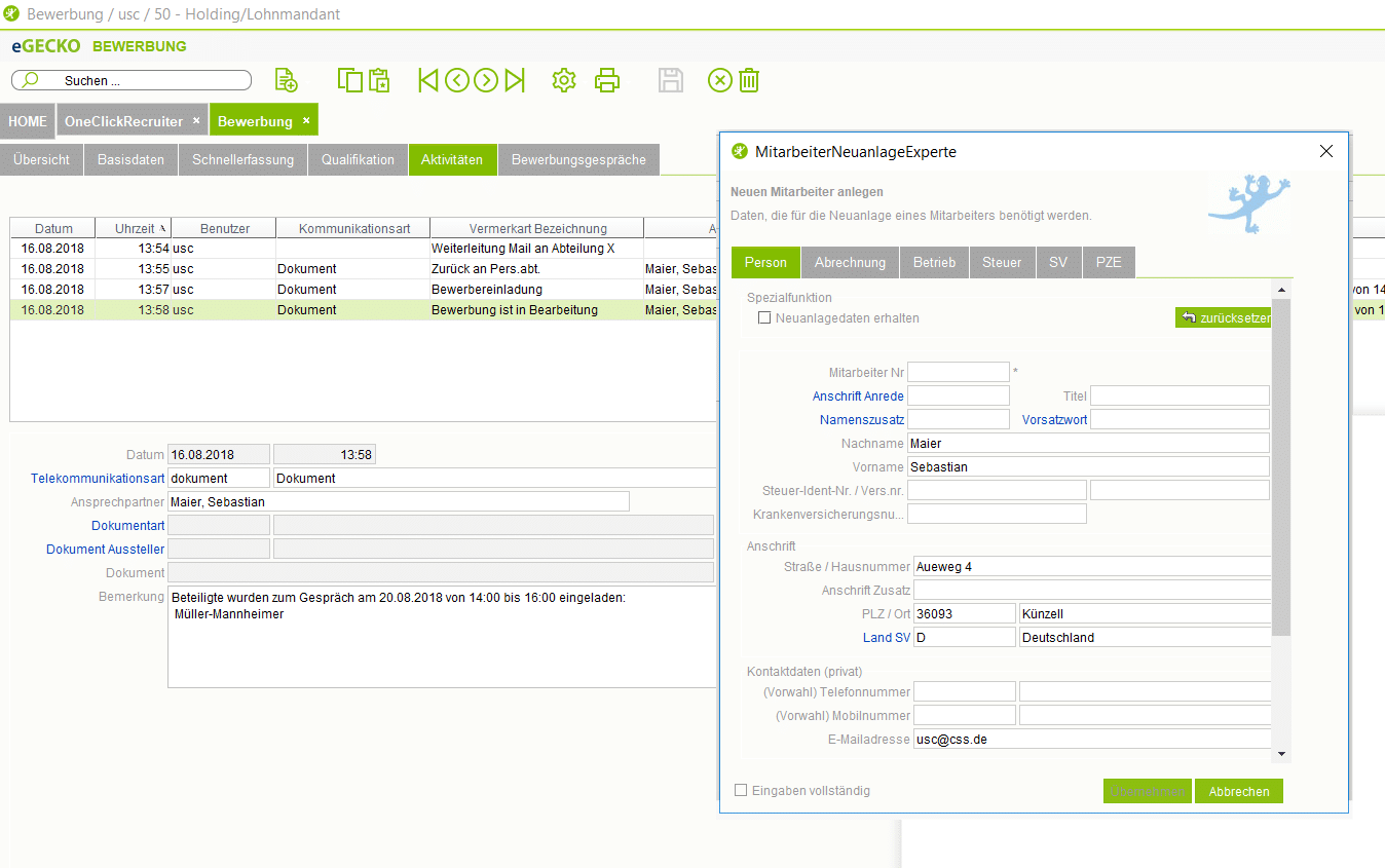 eGecko Bewerbungssoftware Screenshot mit Formularansicht