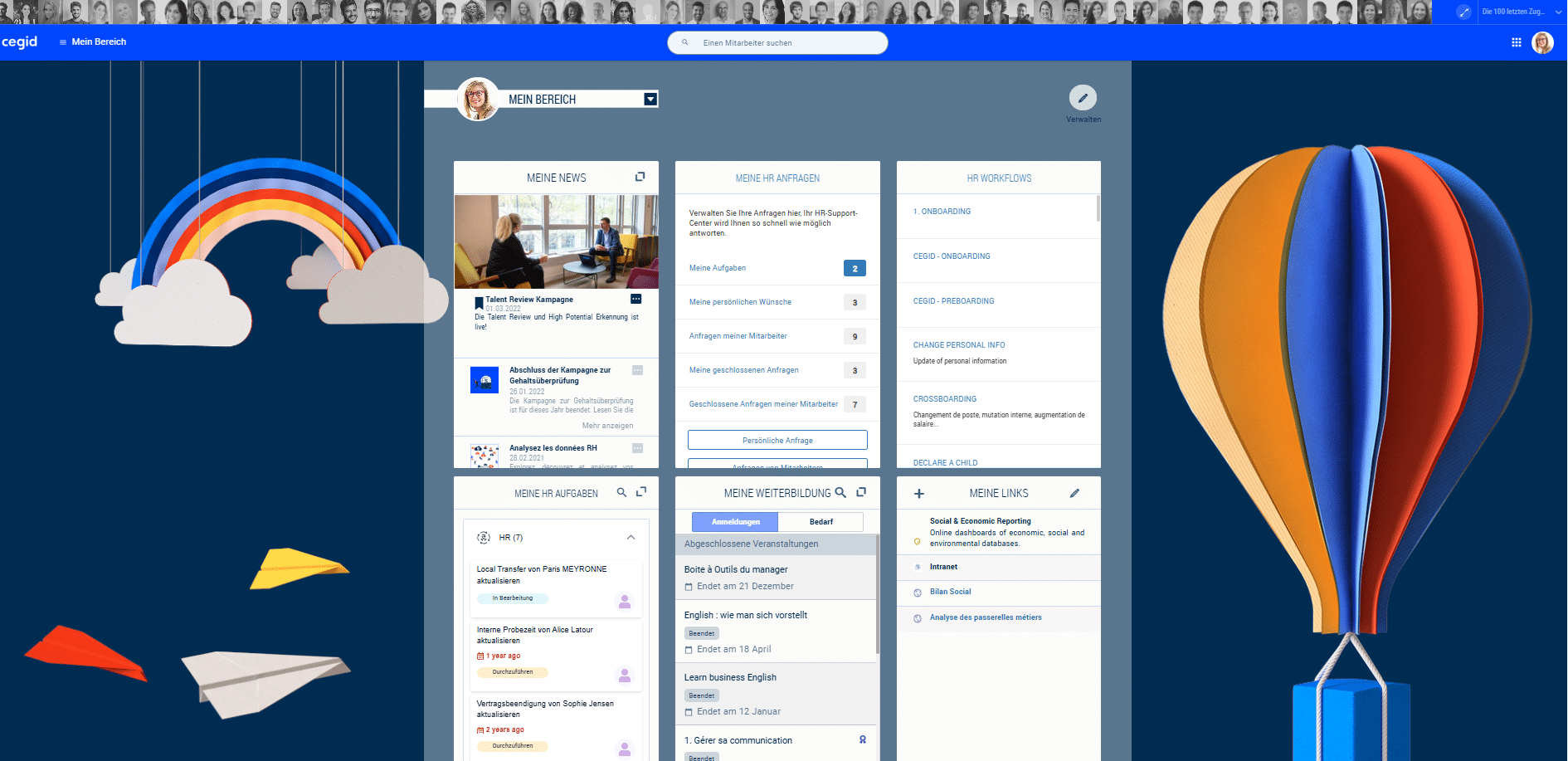 Dashboard with news, tasks, and links.