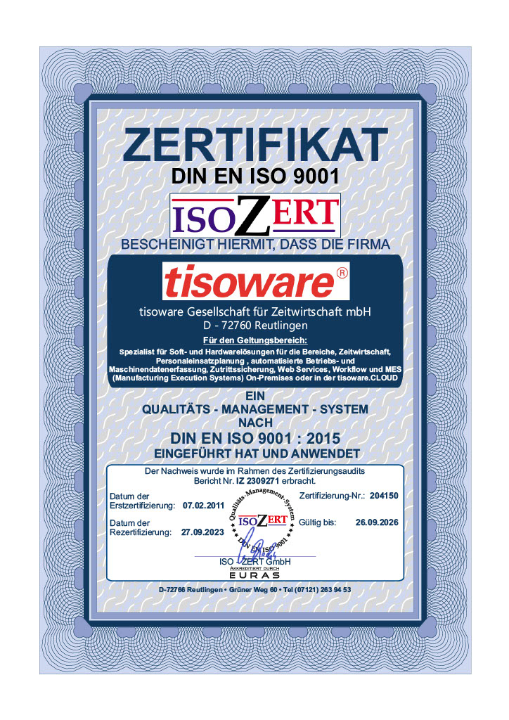 ISO 9001 Zertifikat tissoware Qualitätssicherung