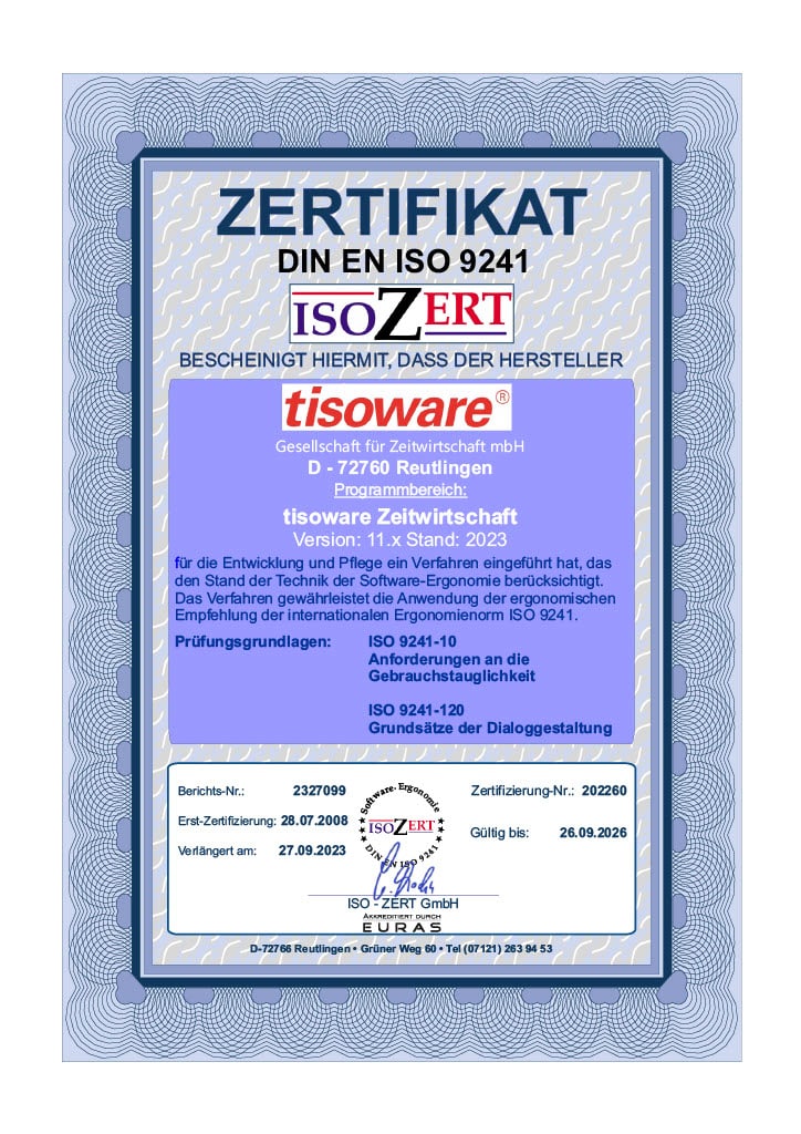 Zertifikat DIN EN ISO 9241 für tisoware