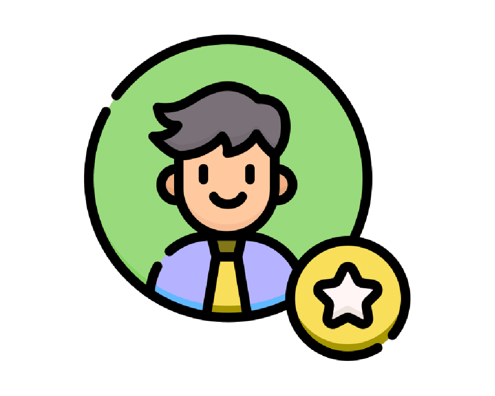 Cartoon badge with smiling person and star.