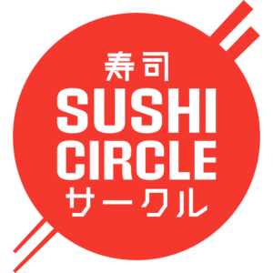 Rotes Sushi Circle Logo mit japanischer Schrift