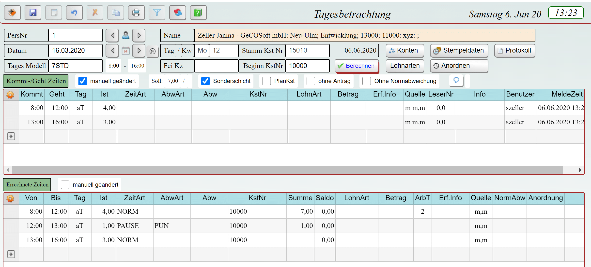 Zeiterfassungssoftware mit Arbeitszeiten und Pausen.