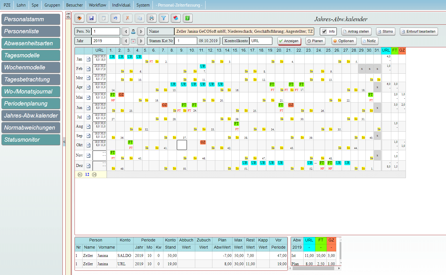 Bürozeitenkalender mit Abwesenheitstypen und Statistik.