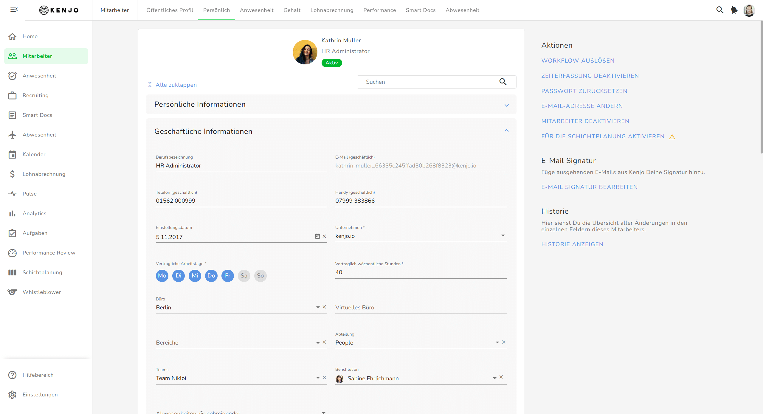 Profilseite eines HR Administrators in Kenjo Software