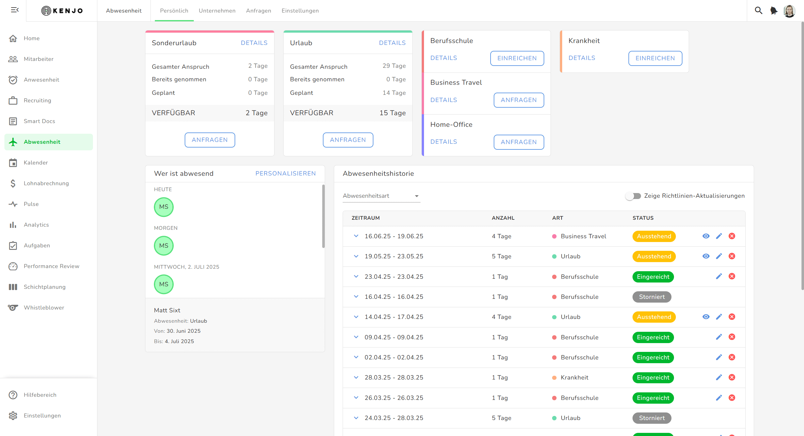 Übersicht Abwesenheit und Urlaubsstatus im Dashboard
