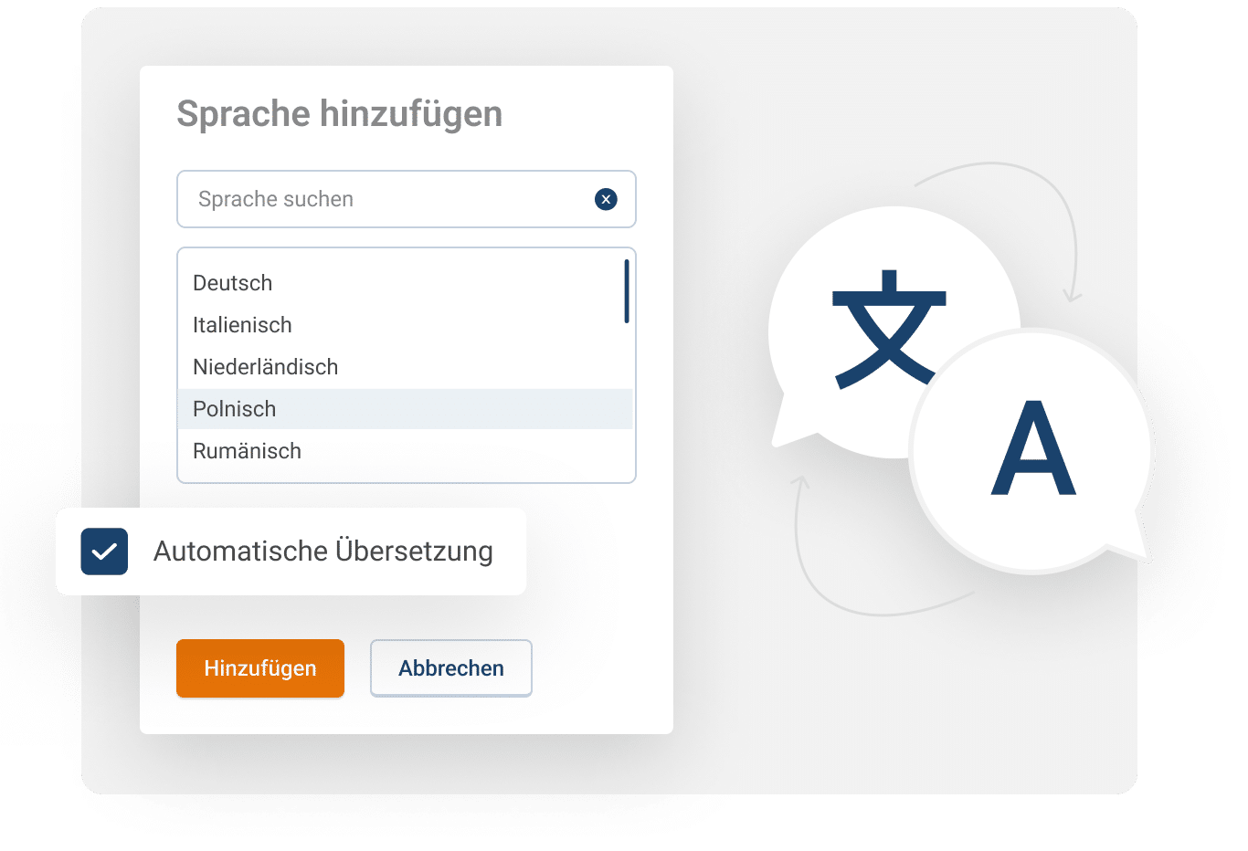 Sprachauswahl-Fenster mit automatischer Übersetzung aktiv