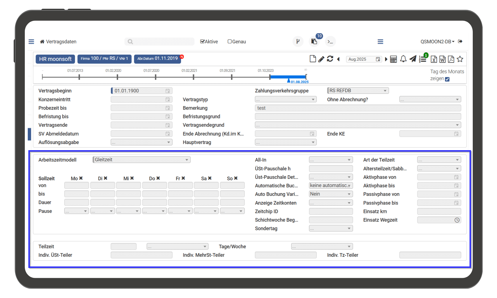 Vertragsdaten-Übersicht in HR-Software-Anwendung
