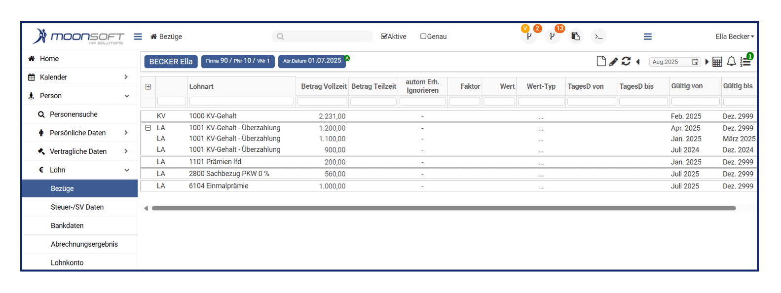 Finanzsoftware-Bezüge Bildschirm, Gehaltsdaten und Beträge sichtbar.