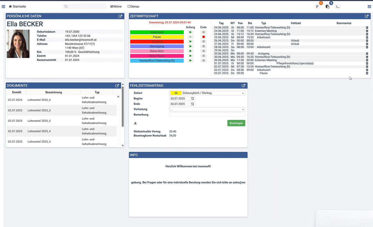 Dashboard mit persönlichen Daten und Arbeitszeitübersicht.