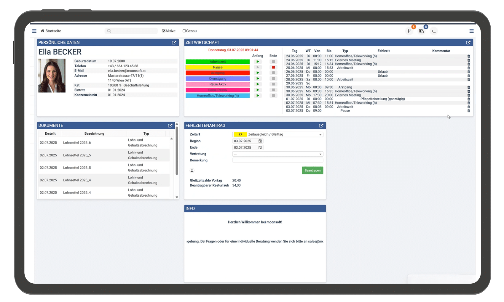 Arbeitszeiterfassung und Personalmanagement-Software-Dashboard auf Tablet