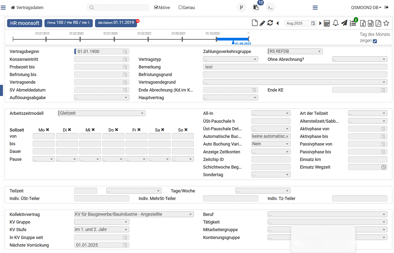 HR-Vertragsdatenformular mit Zeiterfassungsoptionen.