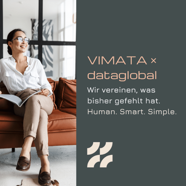 Frau auf Sofa mit Buch, Text: VIMATA x dataglobal.
