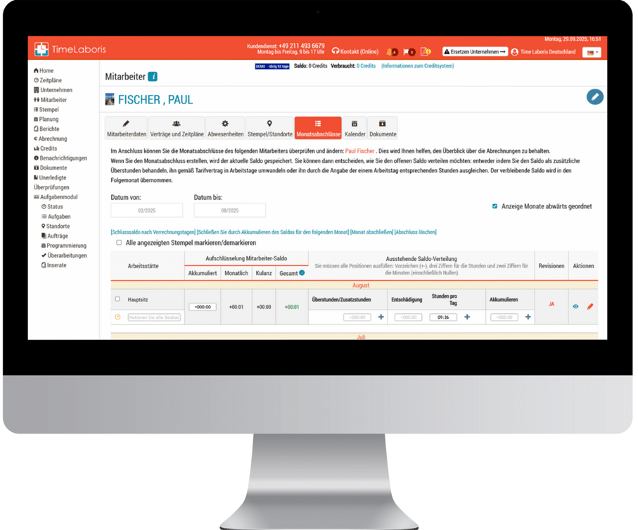 Bildschirmansicht einer Zeiterfassungssoftware