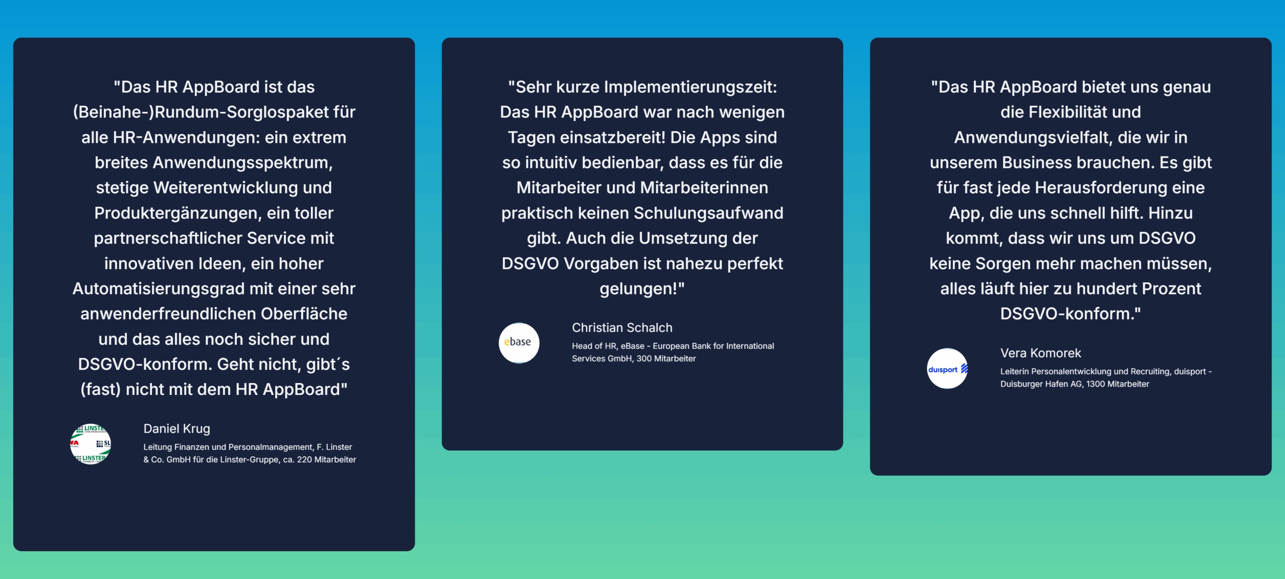 Positive Kundenstimmen zum HR AppBoard für DS-GVO.