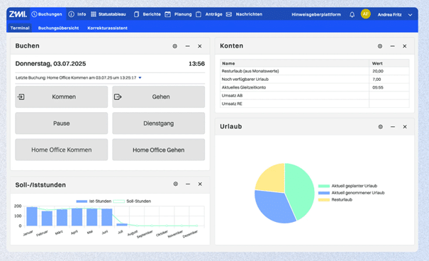 Arbeitszeitmanagement-Dashboard mit Buchungs- und Urlaubsdaten.