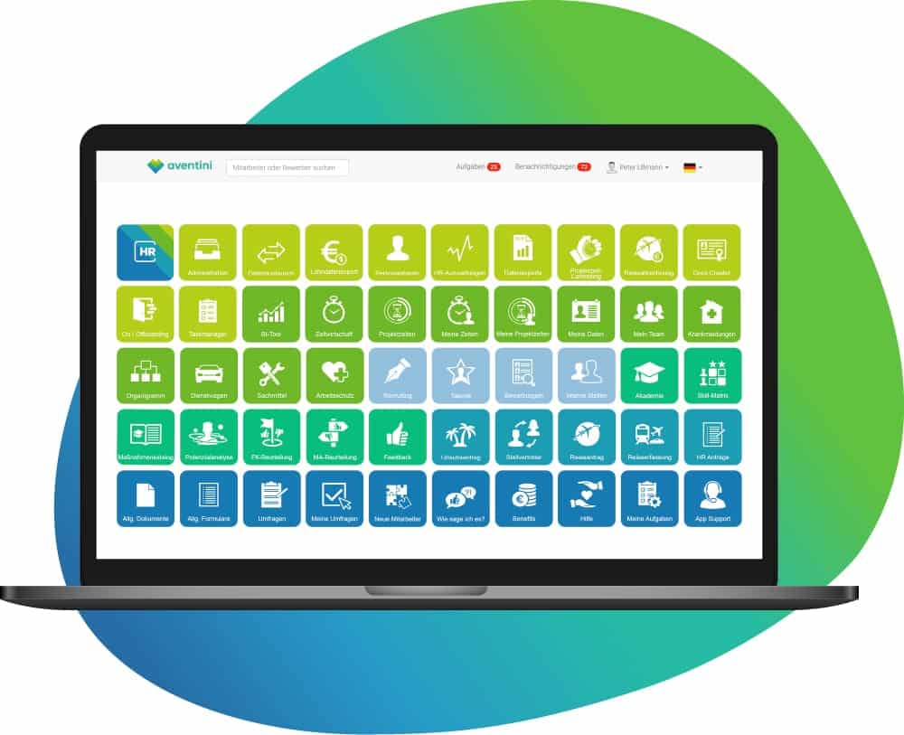 Laptop mit Software-Dashboard und vielen Icons