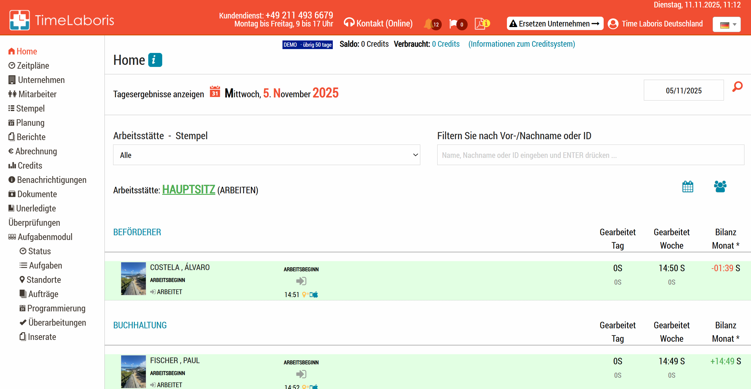 Zeiterfassungssoftware-Benutzeroberfläche mit Arbeitszeitdetails